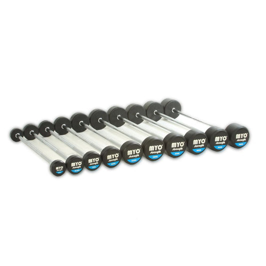 MYO Strength Rubber Barbell Sets with PU End Caps(10 Bar Set) – 10kg – 50kg